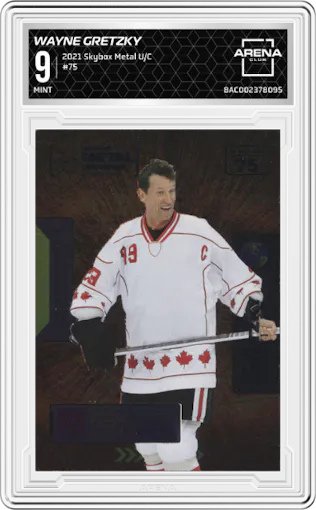 Wayne Gretzky from the 2021 Skybox Metal Universe Champions set graded by Arena Club and given an overall grade of 9.