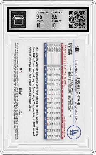 Shohei Ohtani from the 2024 Topps  set graded by Arena Club and given an overall grade of 10.