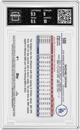 Shohei Ohtani from the 2024 Topps  set graded by Arena Club and given an overall grade of 9.5.