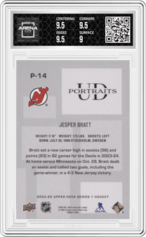 Jesper Bratt from the 2024-25 Upper Deck Series 1 set graded by Arena Club and given an overall grade of 9.5.