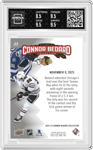 Connor Bedard from the 2023-24 Upper Deck Connor Bedard Collection set graded by Arena Club and given an overall grade of 9.