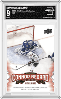 Connor Bedard from the 2023-24 Upper Deck Connor Bedard Collection set graded by Arena Club and given an overall grade of 9.