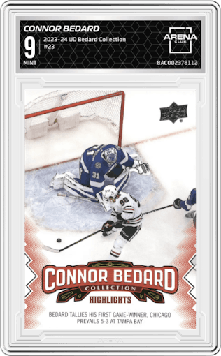 Connor Bedard from the 2023-24 Upper Deck Connor Bedard Collection set graded by Arena Club and given an overall grade of 9.