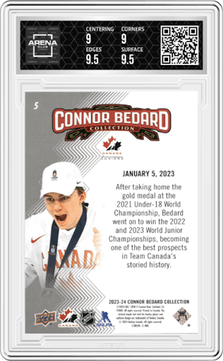 Connor Bedard from the 2023-24 Upper Deck Connor Bedard Collection set graded by Arena Club and given an overall grade of 9.5.