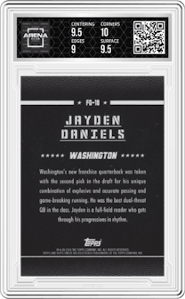 Jayden Daniels from the 2024 Finest set featuring a Checkerboard Refractor parallel graded by Arena Club and given an overall grade of 9.5.