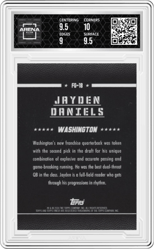 Jayden Daniels from the 2024 Finest set featuring a Checkerboard Refractor parallel graded by Arena Club and given an overall grade of 9.5.