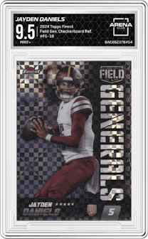 Jayden Daniels from the 2024 Finest set featuring a Checkerboard Refractor parallel graded by Arena Club and given an overall grade of 9.5.