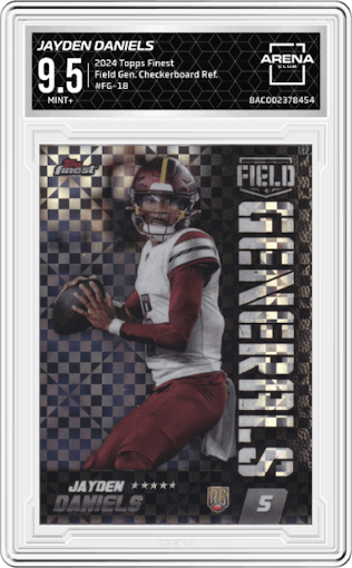 Jayden Daniels from the 2024 Finest set featuring a Checkerboard Refractor parallel graded by Arena Club and given an overall grade of 9.5.