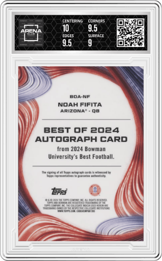 Noah Fifita from the 2024 Bowman University Best set graded by Arena Club and given an overall grade of 9.5.