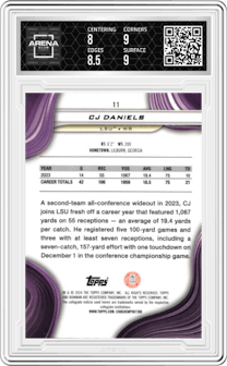 CJ Daniels from the 2024 Bowman University Best set featuring a Gold Refractor parallel graded by Arena Club and given an overall grade of 8.5.