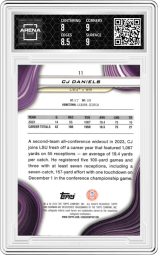 CJ Daniels from the 2024 Bowman University Best set featuring a Gold Refractor parallel graded by Arena Club and given an overall grade of 8.5.