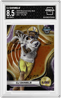 CJ Daniels from the 2024 Bowman University Best set featuring a Gold Refractor parallel graded by Arena Club and given an overall grade of 8.5.