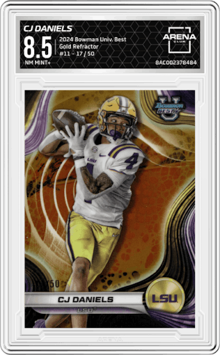 CJ Daniels from the 2024 Bowman University Best set featuring a Gold Refractor parallel graded by Arena Club and given an overall grade of 8.5.