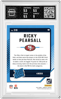 Ricky Pearsall from the 2024 Donruss set featuring a Press Proof Red parallel graded by Arena Club and given an overall grade of 9.5.