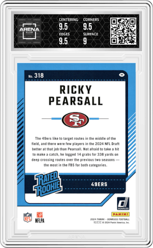 Ricky Pearsall from the 2024 Donruss set featuring a Press Proof Red parallel graded by Arena Club and given an overall grade of 9.5.