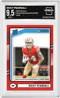 Ricky Pearsall from the 2024 Donruss set featuring a Press Proof Red parallel graded by Arena Club and given an overall grade of 9.5.