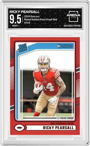 Ricky Pearsall from the 2024 Donruss set featuring a Press Proof Red parallel graded by Arena Club and given an overall grade of 9.5.