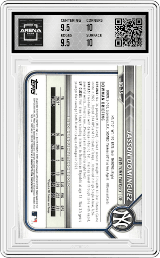 Jasson Dominguez  from the 2022 Bowman Draft set graded by Arena Club and given an overall grade of 10.