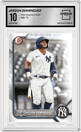 Jasson Dominguez  from the 2022 Bowman Draft set graded by Arena Club and given an overall grade of 10.