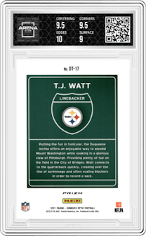 T.J. Watt from the 2021 Panini Donruss Optic set graded by Arena Club and given an overall grade of 9.5.