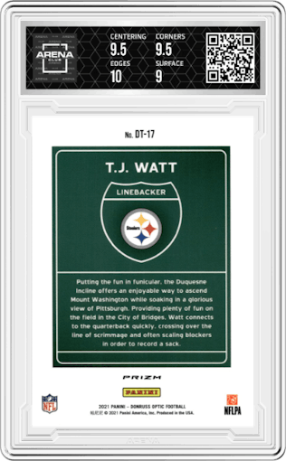 T.J. Watt from the 2021 Panini Donruss Optic set graded by Arena Club and given an overall grade of 9.5.