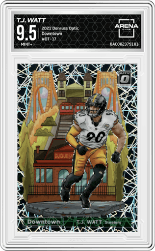 T.J. Watt from the 2021 Panini Donruss Optic set graded by Arena Club and given an overall grade of 9.5.