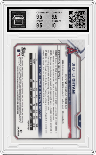 Shohei Ohtani from the 2021 Bowman Chrome set graded by Arena Club and given an overall grade of 10.