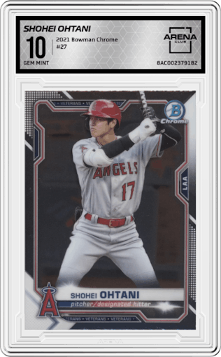 Shohei Ohtani from the 2021 Bowman Chrome set graded by Arena Club and given an overall grade of 10.