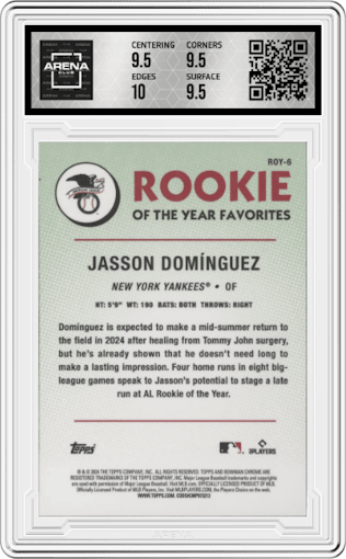 Jasson Dominguez from the 2024 Bowman set graded by Arena Club and given an overall grade of 10.