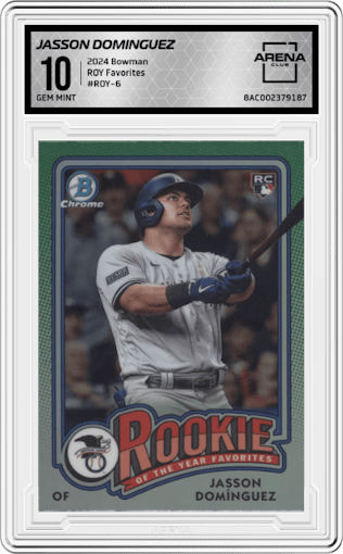 Jasson Dominguez from the 2024 Bowman set graded by Arena Club and given an overall grade of 10.