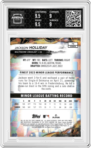 Jackson Holliday from the 2024 Topps Finest set graded by Arena Club and given an overall grade of 9.5.