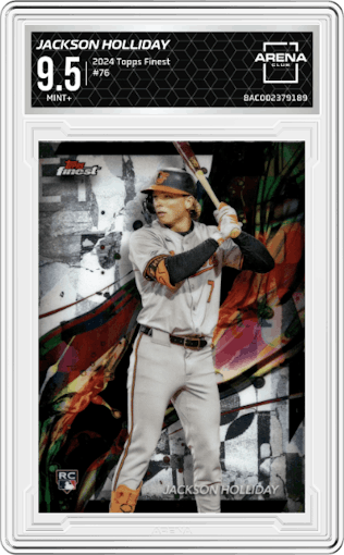 Jackson Holliday from the 2024 Topps Finest set graded by Arena Club and given an overall grade of 9.5.