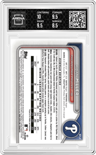 Aidan Miller from the 2024 Bowman set featuring a Lunar Glow Refractor parallel graded by Arena Club and given an overall grade of 9.