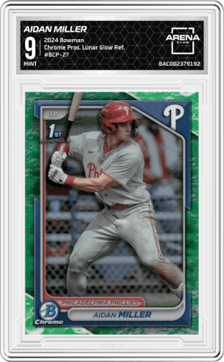 Aidan Miller from the 2024 Bowman set featuring a Lunar Glow Refractor parallel graded by Arena Club and given an overall grade of 9.