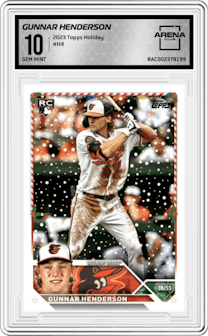 Gunnar Henderson from the 2023 Topps Holiday set graded by Arena Club and given an overall grade of 10.
