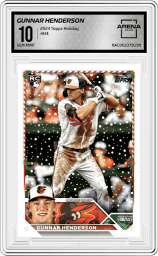 Gunnar Henderson from the 2023 Topps Holiday set graded by Arena Club and given an overall grade of 10.
