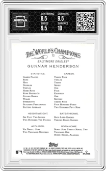 Gunnar Henderson from the 2023 Topps Allen & Ginter set graded by Arena Club and given an overall grade of 9.
