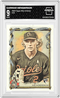 Gunnar Henderson from the 2023 Topps Allen & Ginter set graded by Arena Club and given an overall grade of 9.