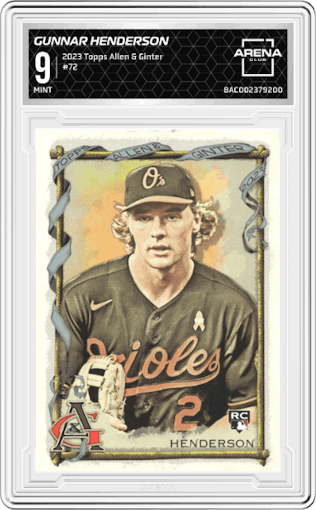 Gunnar Henderson from the 2023 Topps Allen & Ginter set graded by Arena Club and given an overall grade of 9.