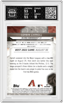 Corbin Carroll from the 2023 Bowman's Best set graded by Arena Club and given an overall grade of 9.5.