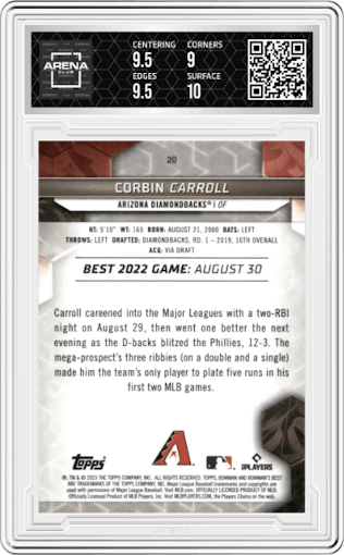 Corbin Carroll from the 2023 Bowman's Best set graded by Arena Club and given an overall grade of 9.5.