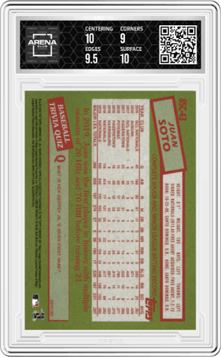 Juan Soto from the 2020 Topps Silver Pack set graded by Arena Club and given an overall grade of 9.5.