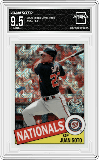Juan Soto from the 2020 Topps Silver Pack set graded by Arena Club and given an overall grade of 9.5.