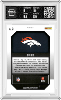 Bo Nix from the 2024 Panini Prizm set featuring a Green Prizm parallel graded by Arena Club and given an overall grade of 9.