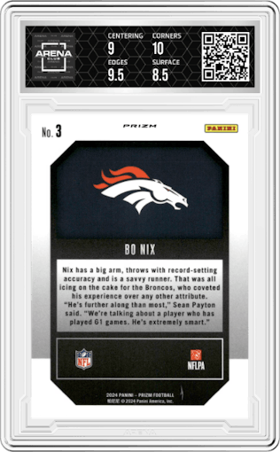 Bo Nix from the 2024 Panini Prizm set featuring a Green Prizm parallel graded by Arena Club and given an overall grade of 9.