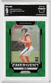 Bo Nix from the 2024 Panini Prizm set featuring a Green Prizm parallel graded by Arena Club and given an overall grade of 9.