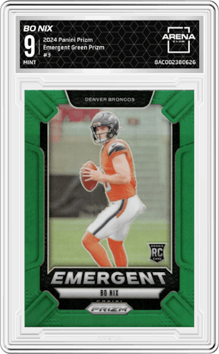 Bo Nix from the 2024 Panini Prizm set featuring a Green Prizm parallel graded by Arena Club and given an overall grade of 9.