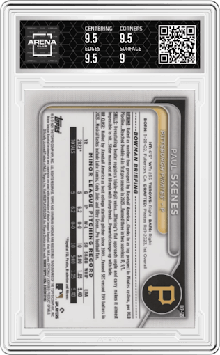 Paul Skenes from the 2024 Bowman set featuring a Orange Shimmer Refractor parallel graded by Arena Club and given an overall grade of 9.5.