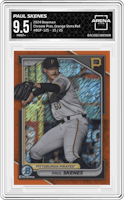 Paul Skenes from the 2024 Bowman set featuring a Orange Shimmer Refractor parallel graded by Arena Club and given an overall grade of 9.5.
