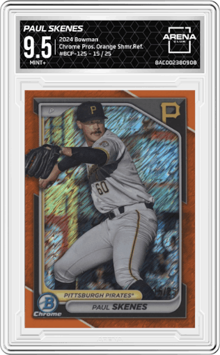 Paul Skenes from the 2024 Bowman set featuring a Orange Shimmer Refractor parallel graded by Arena Club and given an overall grade of 9.5.